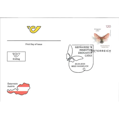 First day cover with Austrian Post stamp 'Austria 2023, 1.20 Euro: Endangered Insects - Eriogaster catax'.