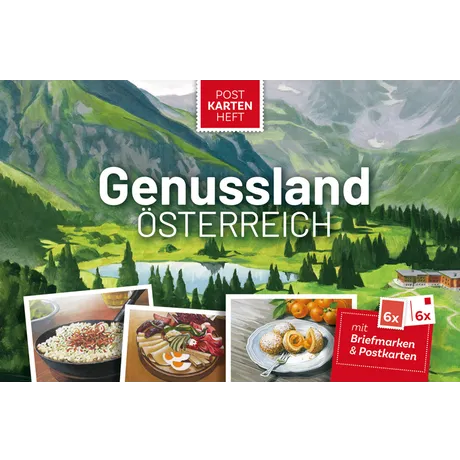 a8909e086d8c61666b42bd2edb92e3fbf110fb46.png Postkartenheft der Österreichischen Post 'Genussland Österreich' mit Briefmarken und Postkarten zu Kulinarik und Landschaften.