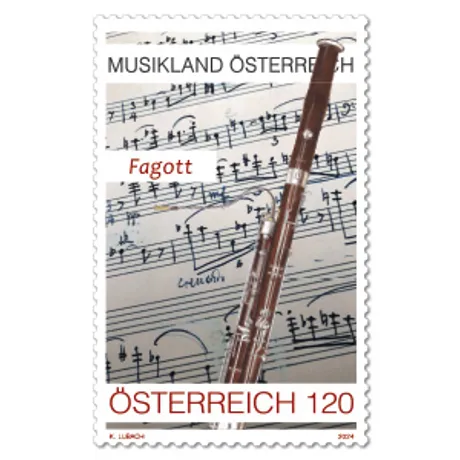 cc8aa263e426ec51378e3a786a4ef8c6b852542c.png Austrian stamp 2024, nominal value 1.20 euros: Bassoon on sheet music, theme 'Music Land Austria'.