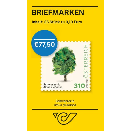 Austrian Post stamp set: 25 stamps at €3.10 each, total €77.50. Stamp shows a black alder tree, 2023 issue.