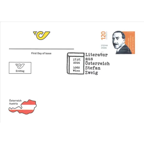 FDC_Stefan Zweig_0724 First day cover with Austrian Post stamp 2024, 1.20 Euro: Stefan Zweig, orange background, literature theme.