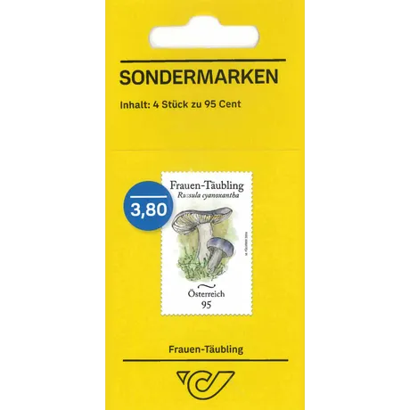 SM4_Frauen-Täubling_0824 Austrian Post special stamp set: 4 stamps at 95 cents each, featuring the mushroom Russula cyanoxantha.