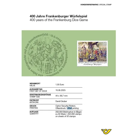 Austrian Post stamp 2025, €1.55: 400 years of the Frankenburg Dice Game, colorful historical scene.