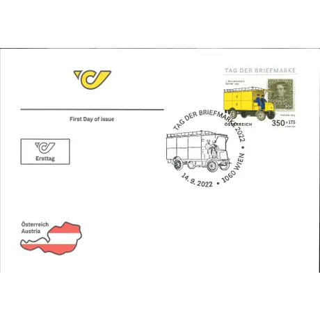 First Day Cover with Austrian Post stamp 2022, 3.50+1.75 EUR: 1913 electric mail truck, &#039;Tag der Briefmarke&#039; postmark.