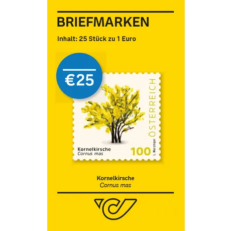 100_Kornelkirsche_BMS25 Briefmarken-Set der Österreichischen Post: 25 Briefmarken zu je 1 €, Motiv Kornelkirsche, Gesamtwert 25 €.