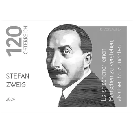 Briefmarke Österreich 2024, Nominale 1,20 Euro: Porträt von Stefan Zweig mit Zitat und modernem Design.