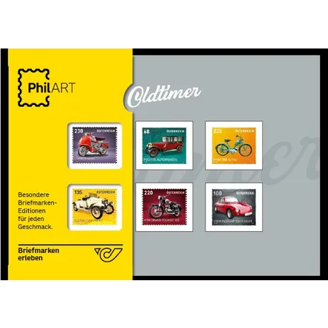 f50955fc8ac40f3f04aed6a0fe4244dcfcb37196.jpg Briefmarkenserie 'Oldtimer' der Österreichischen Post mit historischen Fahrzeugen. Links gelbes PhilART-Branding.