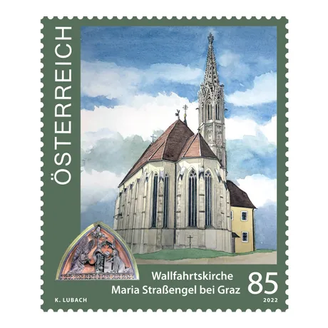 e1e947efda44da39cc10d3a80e0e2159178108d5.jpg Austrian stamp 2022, 0.85 Euro: Pilgrimage Church Maria Straßengel near Graz, with detailed artwork and spire.