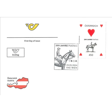Austrian Post first day cover with stamp 'Austria 2024, 4.50 Euro: 200 Years Piatnik, Heart card design'.