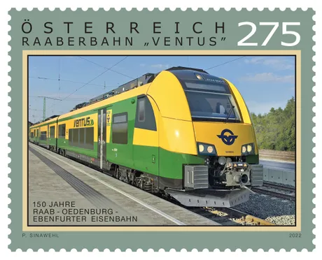 Austrian Post stamp 2022, nominal value 2.75 euros: Raaberbahn 'Ventus' train, 150 years Raab-Oedenburg-Ebenfurth railway.