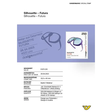 Briefmarke Österreich 2023, Nominale 2,50 €: Silhouette Futura Brillendesign von Dora Demmel, Ausgabe 26.04.2023.