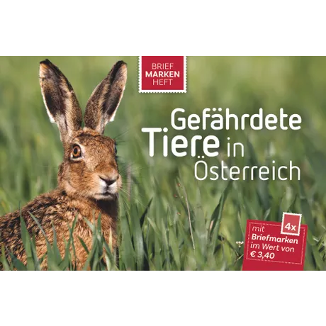 cb2b913a9128ad8ba92d5077937ed55bb50e2ed3.jpg Briefmarkenheft der Österreichischen Post 'Gefährdete Tiere in Österreich' mit einem Hasen, Wert €3,40.
