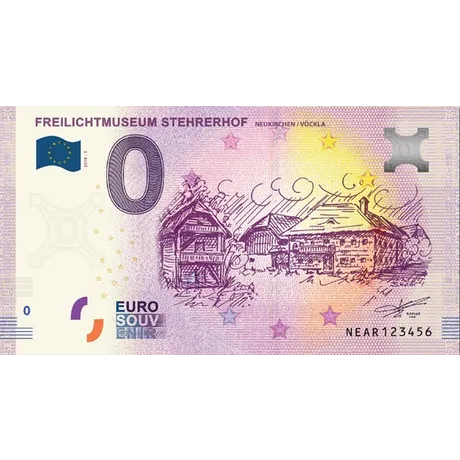 Euro souvenir note with 'Freilichtmuseum Stehrerhof' design, featuring traditional Austrian farmhouses in purple tones.