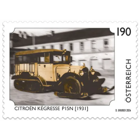 Austrian stamp 2024, nominal value 1.90 euros: Citroën Kégresse P15N (1931) in yellow and black design.