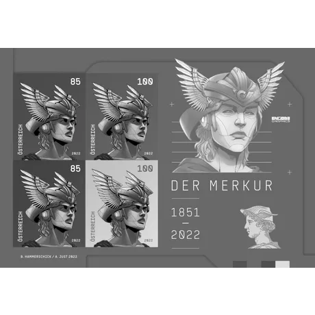 Briefmarken Österreich 2022: 'Der Merkur'-Design, Nominale 0,85€ und 1,00€, Würdigung 1851-2022.
