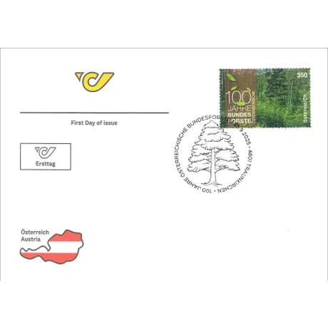 First Day Cover of the commemorative stamp ‘100 Years Austrian Federal Forests’ featuring a forest design, denomination 3.50 Euro, first day of issue: 25.09.2025. Artwork by David Gruber, printed in offset by Carter Security Printers. Edition: 150,000 stamps. First Day Cover of the commemorative stamp ‘100 Years Austrian Federal Forests’ featuring a forest design, denomination 3.50 Euro, first day of issue: 25.09.2025. Artwork by David Gruber, printed in offset by Carter Security Printers. Edition: 150,000 stamps.