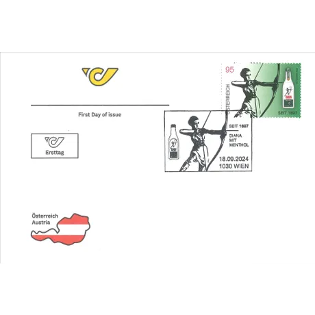 Ersttagsbrief mit Briefmarke Österreich 2024, Nominale 0,95€, Diana mit Menthol, Bogenschützin und Flasche.