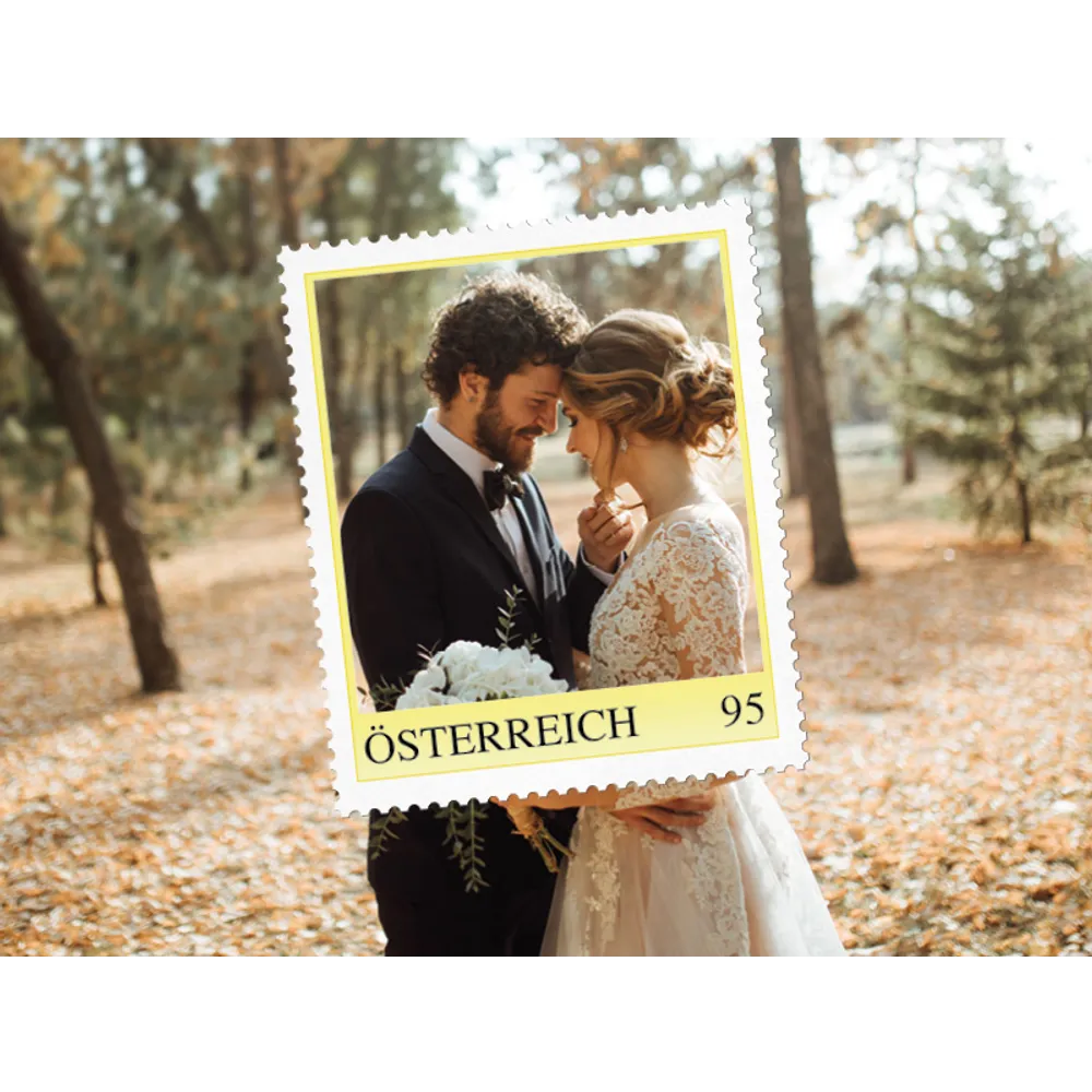 Austrian Post stamp 95 cents: Wedding couple in autumn forest, bride in lace dress, groom in suit.