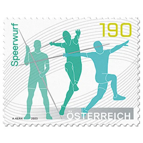 b8c399c7a862e7a57bda8eaa08af01ca18b502d0.jpg Austrian stamp 2023, nominal value 1.90 euros: Javelin throw motif with three athletes in action.