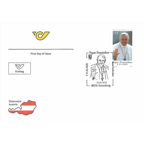 FDC_Papst_0525 Austrian Post first day cover with 2025 stamp, 1.55 Euro: Pope Francis in memory, with Seiersberg postmark.
