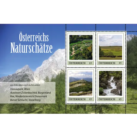 Briefmarkenblock Österreich 2023, &#039;Österreichs Naturschätze,&#039; je 0,85 €: Donaupark, Zickenbachtal, Rax, Bürser Schlucht.