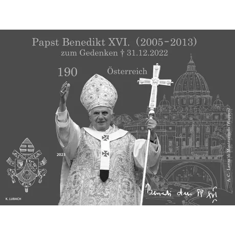 984e6f21ba81688e4a6f3918b3983b5bdb41e285.png Austrian stamp 2023, nominal value 1.90 Euro: Pope Benedict XVI (2005-2013) in memory of 31.12.2022.