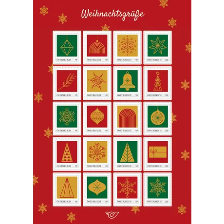 Briefmarkenbogen Österreich 2023 mit Weihnachtsmotiven in Rot, Grün und Gold, Nominale 0,95 € und 1,20 €.