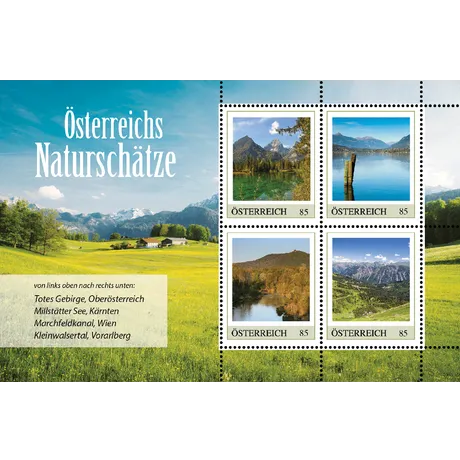 6c6d7ff670e905e82c920a98881dad317a966011.png Austrian Post stamp sheet 2023, 'Austria's Natural Treasures', €0.85 each: Totes Gebirge, Millstätter See, Marchfeldkanal, Kleinwalsertal.