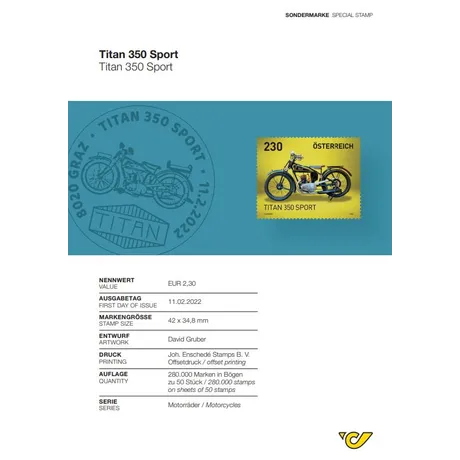 Briefmarke Österreich 2022, Nominale 2,30 €: Motorrad Titan 350 Sport auf gelbem Hintergrund.