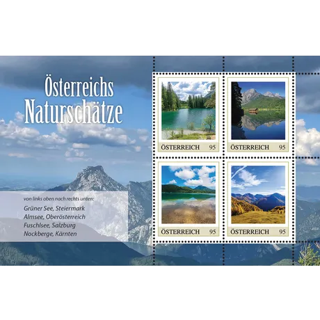 Briefmarkenblock Österreich 2023, Nominale 0,95 €: Österreichs Naturschätze - Grüner See, Almsee, Fuschlsee, Nockberge.