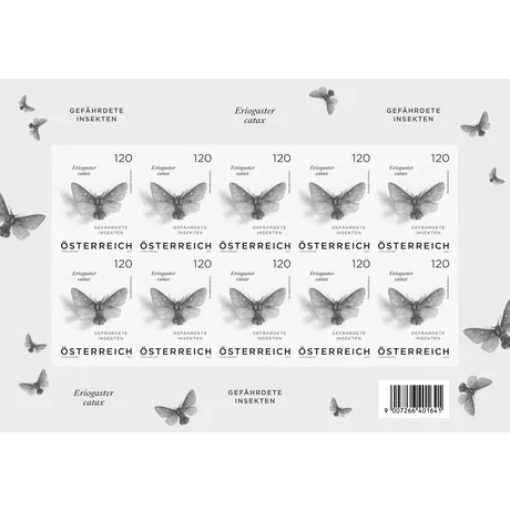 1fd2c18f4cf993173d60077fd7d63081330d1581.png Austrian Post stamp sheet 2023, Nominal value 1.20 Euro: Endangered insect Eriogaster catax, black and white design.