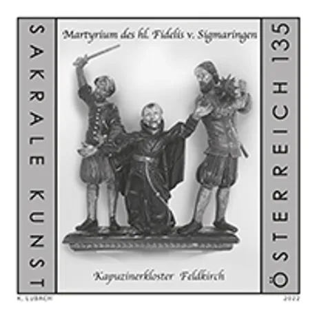 Austrian stamp 2022, nominal value 1.35 euros: Sacred art, martyrdom of St. Fidelis of Sigmaringen, Feldkirch Monastery.