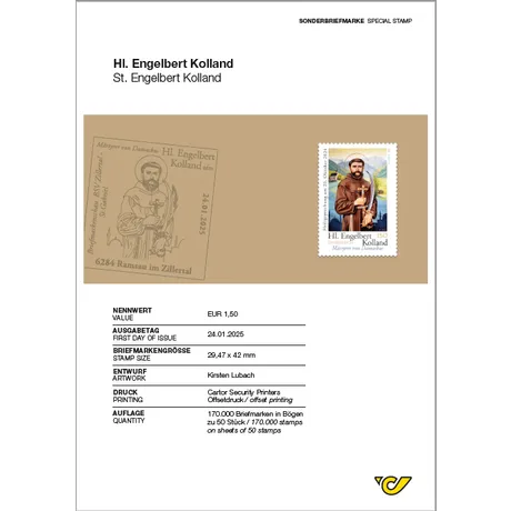 Austrian Post special stamp 2025, €1.50: St. Engelbert Kolland, martyr, with a detailed illustration and info.