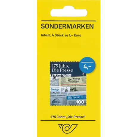 bcb20386c0f6c38bbd224d6971bff0f4229d82d9.jpg Austrian Post special stamp set: '175 Years Die Presse', 4 stamps at €1 each, yellow packaging with Post logo.