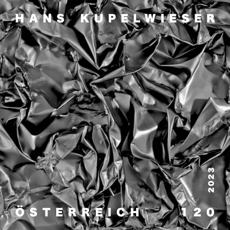 Austrian Post stamp 2023, nominal value 1.20 Euro: Artwork by Hans Kupelwieser featuring crumpled metallic texture.