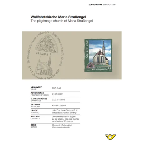 wallfahrtskirche Maria Straßengel Briefmarke Österreich 2022, Nominale 0,85 €: Wallfahrtskirche Maria Straßengel, Serie 'Kirchen in Österreich'.