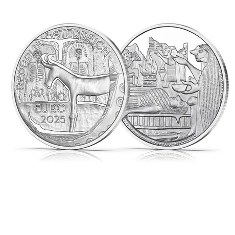 20-Euro-Silbermünze aus der Serie ‚Das weiße Gold des Salzkammerguts‘, geprägt in polierter Platte, zeigt eine Kuh und historische Szenen, im Etui mit Echtheitszertifikat.