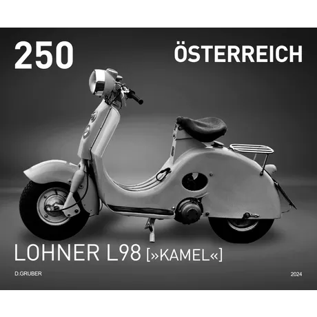 aa9f4e837cfe28ec6ee449a2c6f56a1ae41371b9.png Briefmarke Österreich 2024, Nominale 2,50 Euro: Lohner L98 'Kamel' Motorroller in Schwarz-Weiß-Design.