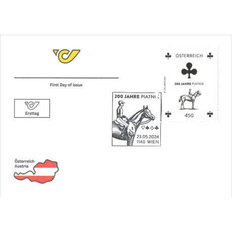 Ersttagsbrief der Österreichischen Post mit Briefmarke 'Österreich 2024, 4,50 Euro: 200 Jahre Piatnik, Motiv Pferd und Reiter'.