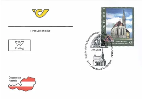 3305ae910ba95f57d5667d5bbdd748d837603efe.jpg Ersttagsbrief der Österreichischen Post mit Briefmarke 2022, Nominale 0,85 €, Wallfahrtskirche Maria Straßengel.