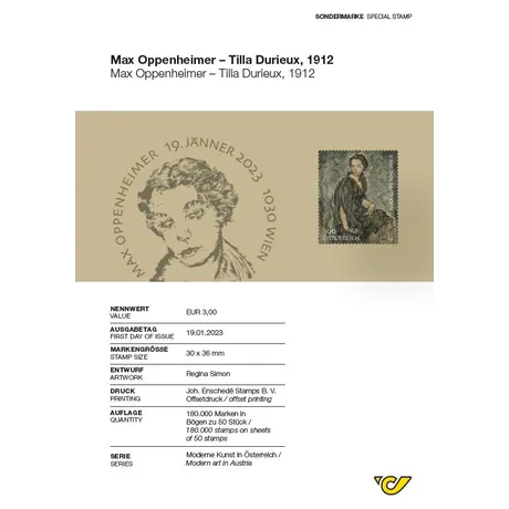 Austrian Post stamp 2023, €3.00: Max Oppenheimer's 1912 painting 'Tilla Durieux,' part of 'Modern Art in Austria' series.