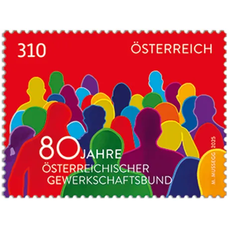 225340-80-Jahre-GWB-ONLINESHOP Austrian stamp 2023, nominal value 3.10 euros: 80 years of the Austrian Trade Union Federation, colorful silhouettes on red.