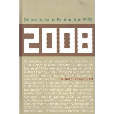 Cover of the Austrian Post's 2008 stamp collection catalog with '2008' in large white text on a brown background.
