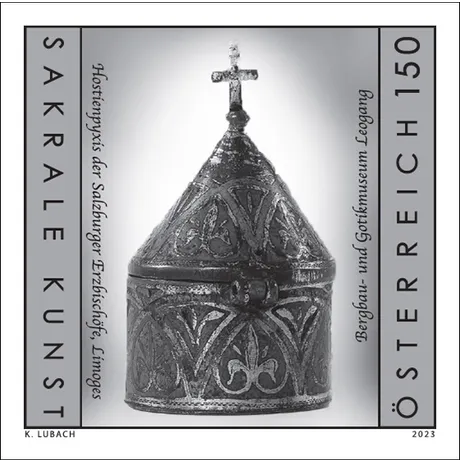 Briefmarke Österreich 2023, Nominale 1,50 €: Sakrale Kunst, Hostienpyxis der Salzburger Erzdiözese, Bergbau- und Gotikmuseum Leogang.
