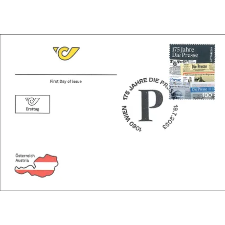 Ersttagsbrief mit Briefmarke Österreich '175 Jahre Die Presse, 2023, Nominale 1,00 Euro' und Sonderstempel.