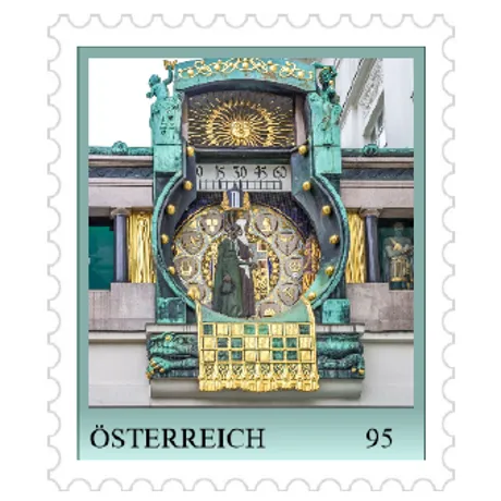 Austrian stamp 2023, nominal value 0.95 Euro: Anker Clock in Vienna with golden and green details.