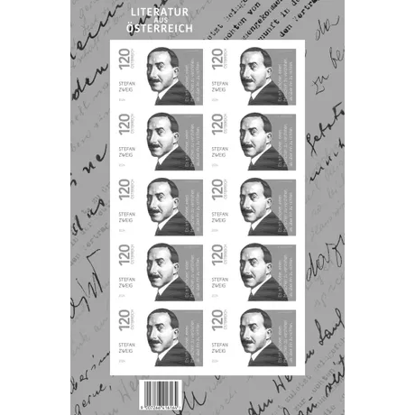 SD_KL_STEFAN_ZWEIG_0624 Briefmarkenbogen Österreich 2024, Nominale 1,20 €: Porträt von Stefan Zweig mit Text-Hintergrund, 'Literatur aus Österreich'.