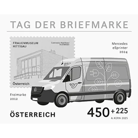 SD_Tag der Briefmarke_0525 Briefmarke Österreich 2024: 'Frauenmuseum Hittisau' mit elektrischem Post-Zustellfahrzeug. Nominale: 4,50+2,25 EUR.