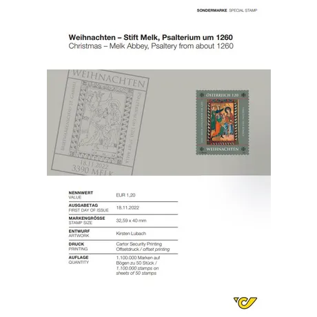 a24b9b85ad310fbb9a92e91cc6021e000c4ba514.jpg Briefmarke Österreich 2022, Nominale 1,20 €: Weihnachten – Stift Melk, Psalterium um 1260, Ausgabe 18.11.2022.