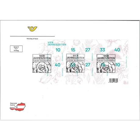 Austrian Post first day cover with 'Four Seasons' stamps, issued on 14.02.2024 in Seiersberg, Austria.